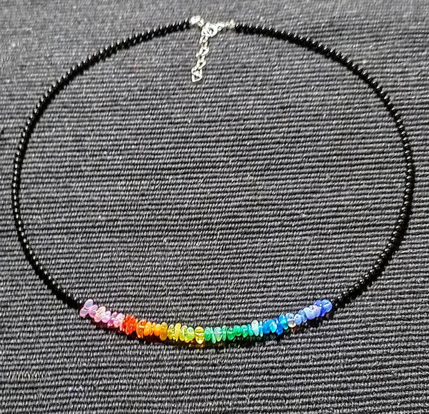 Colier argint opal de foc etiopian curcubeu rainbow chips lustruit lucios onix negru minimalist boho chic multicolor trendy - Transport gratuit
