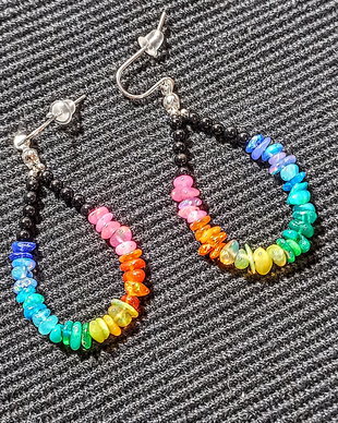 Cercei argint opal de foc chips curcubeu rainbow chips lustruit lucios onix negru minimalisti creole boho chic multicolori trendy - Transport gratuit