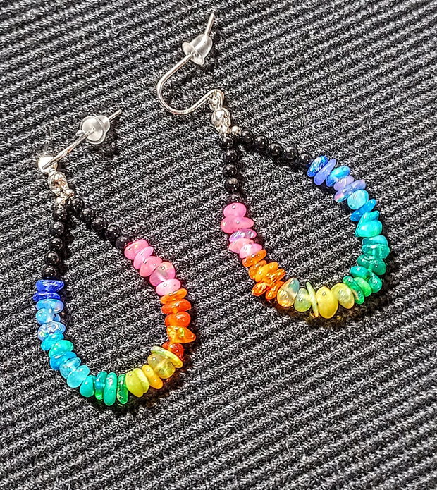 Cercei argint opal de foc chips curcubeu rainbow chips lustruit lucios onix negru minimalisti creole boho chic multicolori trendy - Transport gratuit