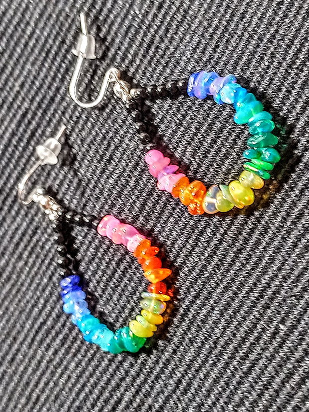 Cercei argint opal de foc chips curcubeu rainbow chips lustruit lucios onix negru minimalisti creole boho chic multicolori trendy - Transport gratuit