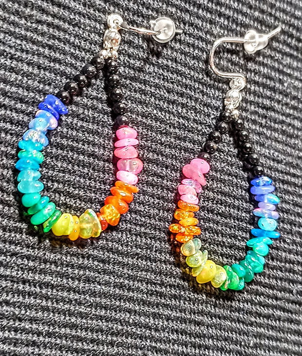Cercei argint opal de foc chips curcubeu rainbow chips lustruit lucios onix negru minimalisti creole boho chic multicolori trendy - Transport gratuit