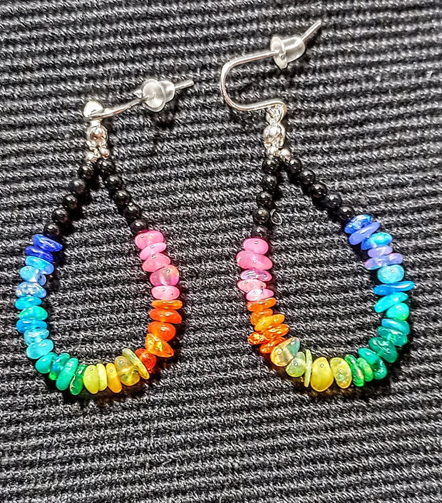 Cercei argint opal de foc chips curcubeu rainbow chips lustruit lucios onix negru minimalisti creole boho chic multicolori trendy - Transport gratuit