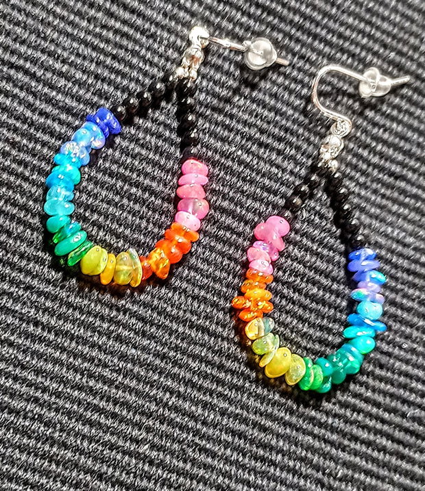 Cercei argint opal de foc chips curcubeu rainbow chips lustruit lucios onix negru minimalisti creole boho chic multicolori trendy - Transport gratuit
