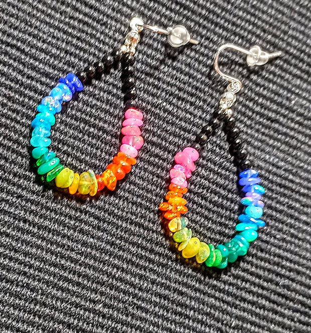 Cercei argint opal de foc chips curcubeu rainbow chips lustruit lucios onix negru minimalisti creole boho chic multicolori trendy - Transport gratuit