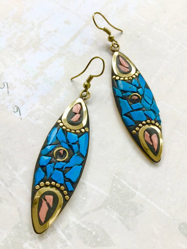 Cercei Nepalezi lapis lazuli & coral rosu