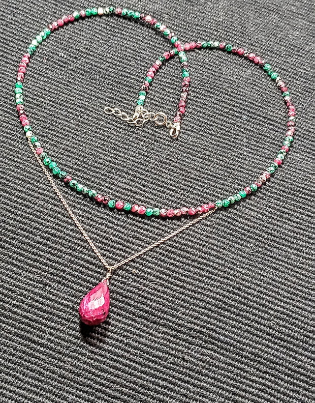 Colier argint rubin in zoisit rubin picatura fatetata lant argint minimalist boho chic trendy - Transport gratuit