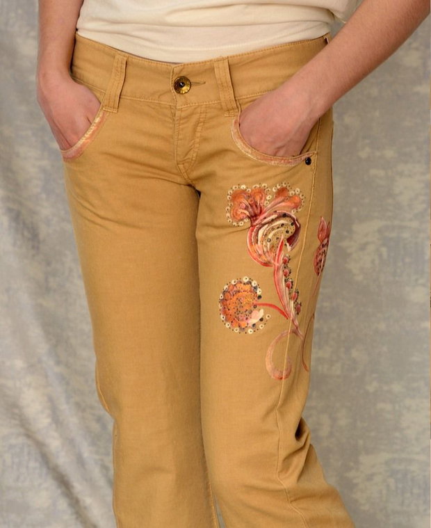 Pantaloni cu pictură florală, unicat