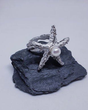 Inel unicat cu stea de mare din dantela de argint pur cu perla naturala