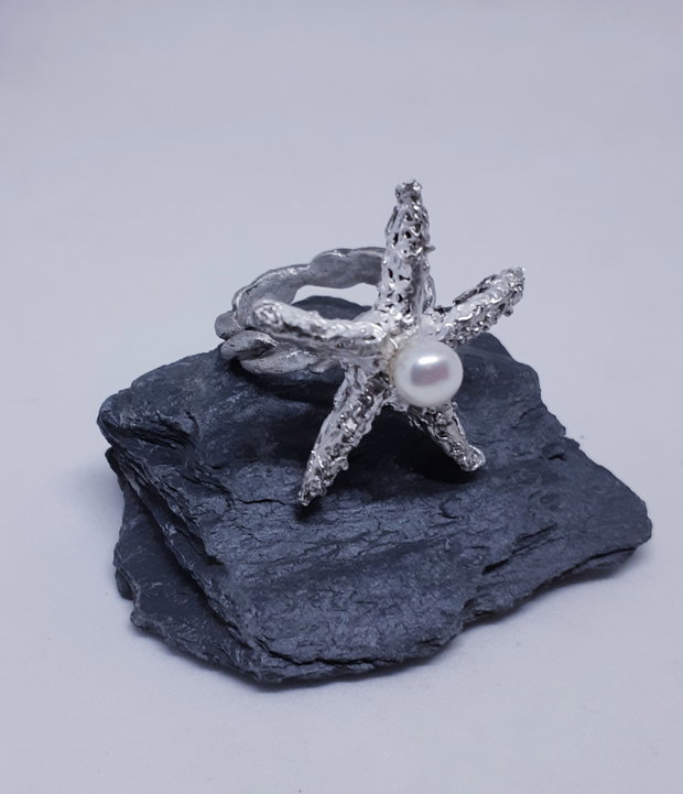 Inel unicat cu stea de mare din dantela de argint pur cu perla naturala