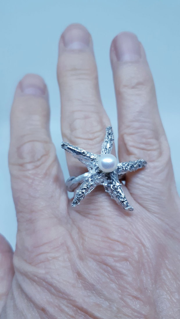 Inel unicat cu stea de mare din dantela de argint pur cu perla naturala