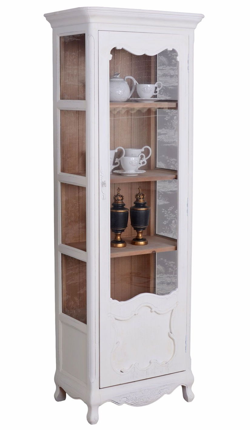 Vitrina din lemn masiv alb antichizat cu decoratiuni