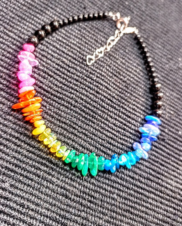 Bratara argint opal de foc etiopian onix negru curcubeu rainbow multicolora minimalista boho chic trendy - Transport gratuit