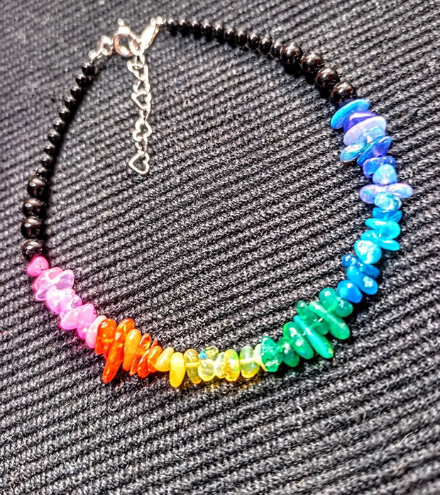 Bratara argint opal de foc etiopian onix negru curcubeu rainbow multicolora minimalista boho chic trendy - Transport gratuit