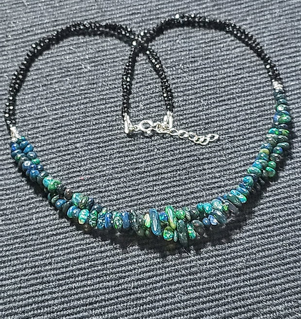 Colier argint X2 opal de foc etiopian negru spinel negru minimalist boho chic trendy - Transport gratuit