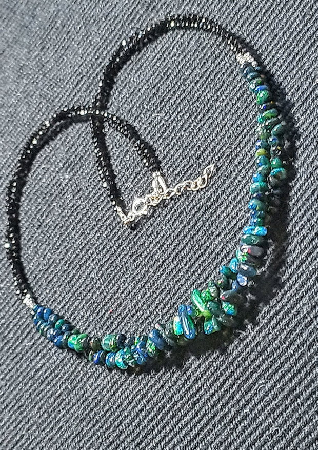 Colier argint X2 opal de foc etiopian negru spinel negru minimalist boho chic trendy - Transport gratuit