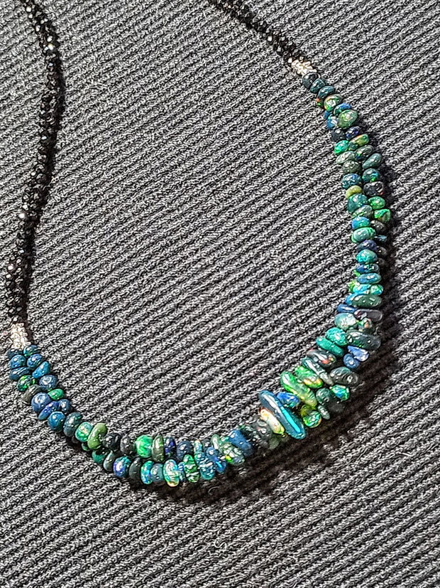 Colier argint X2 opal de foc etiopian negru spinel negru minimalist boho chic trendy - Transport gratuit