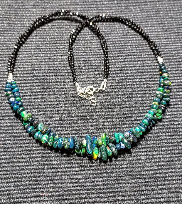 Colier argint X2 opal de foc etiopian negru spinel negru minimalist boho chic trendy - Transport gratuit