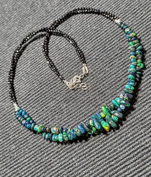 Colier argint X2 opal de foc etiopian negru spinel negru minimalist boho chic trendy - Transport gratuit