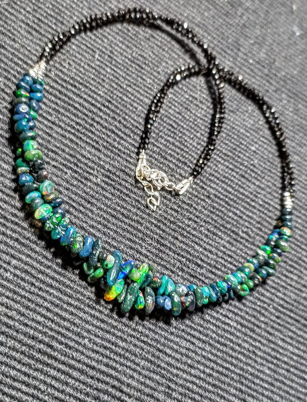 Colier argint X2 opal de foc etiopian negru spinel negru minimalist boho chic trendy - Transport gratuit