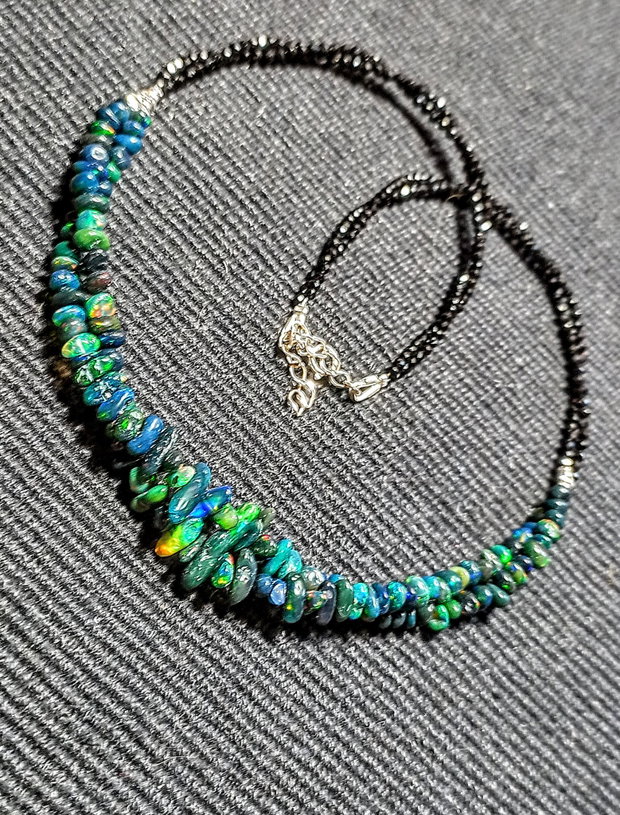 Colier argint X2 opal de foc etiopian negru spinel negru minimalist boho chic trendy - Transport gratuit