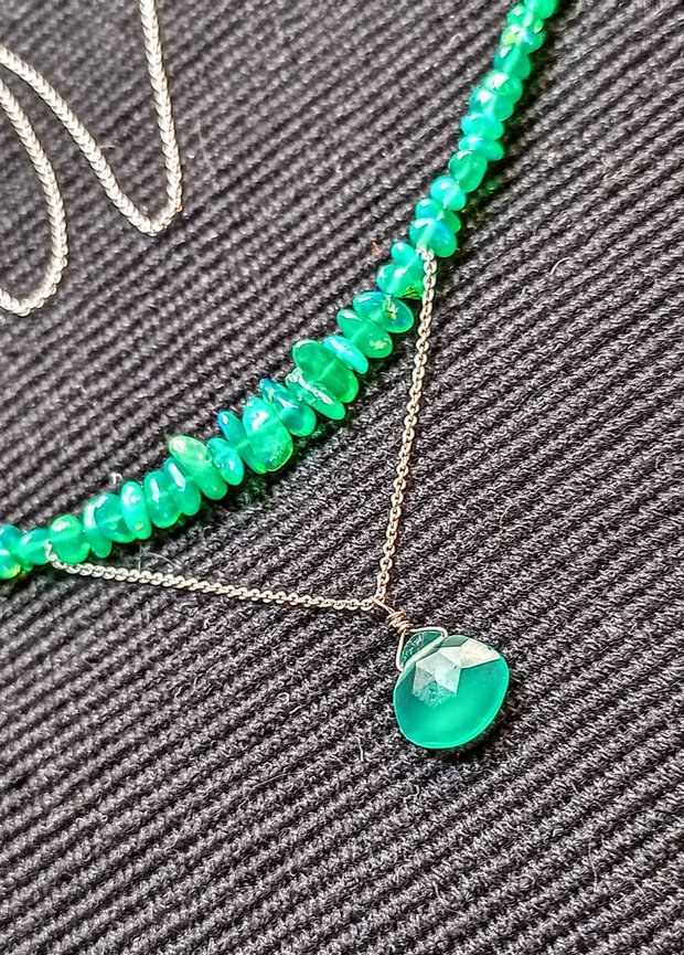 Colier opal de foc etiopian onix verde brioleta lant argint minimalist boho chic trendy - Transport gratuit