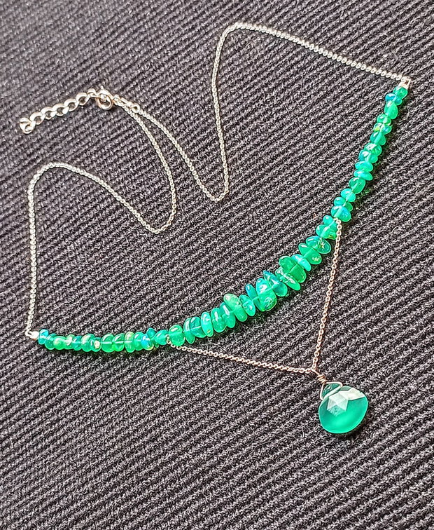 Colier opal de foc etiopian onix verde brioleta lant argint minimalist boho chic trendy - Transport gratuit