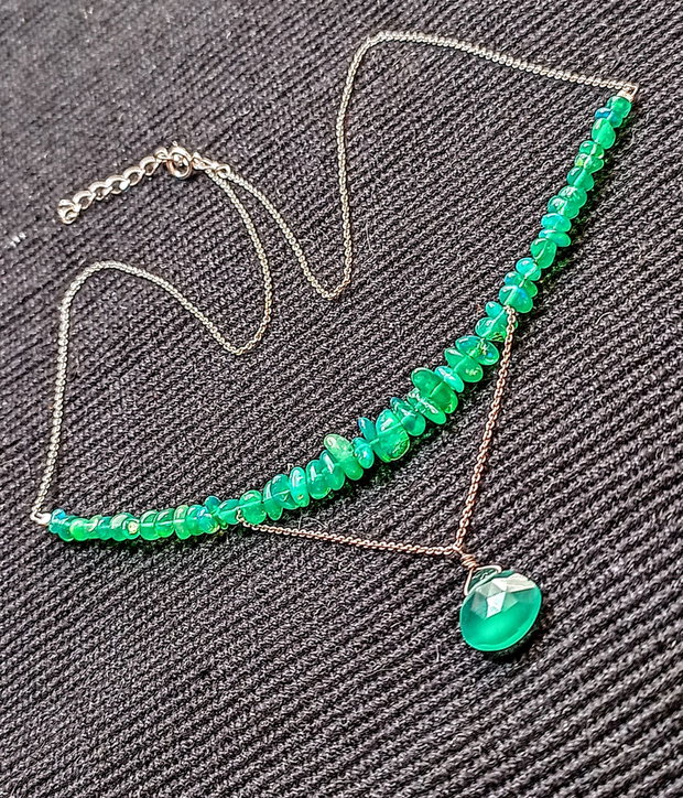 Colier opal de foc etiopian onix verde brioleta lant argint minimalist boho chic trendy - Transport gratuit