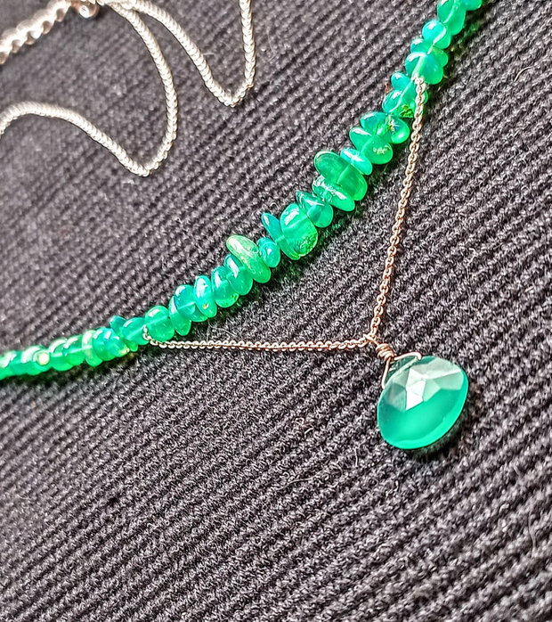 Colier opal de foc etiopian onix verde brioleta lant argint minimalist boho chic trendy - Transport gratuit