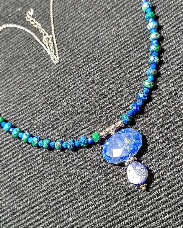 Colier argint lapis lazuli azurit lant argint boho chic trendy - Transport gratuit