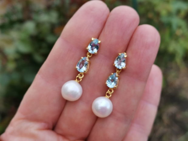 Cercei argint aurit, pietre blue topaz si perle de cultură