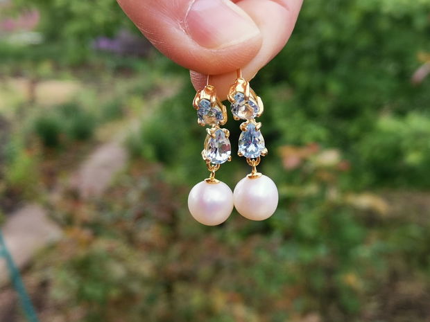 Cercei argint aurit, pietre blue topaz si perle de cultură