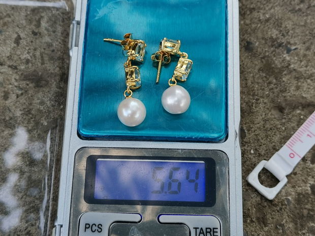 Cercei argint aurit, pietre blue topaz si perle de cultură