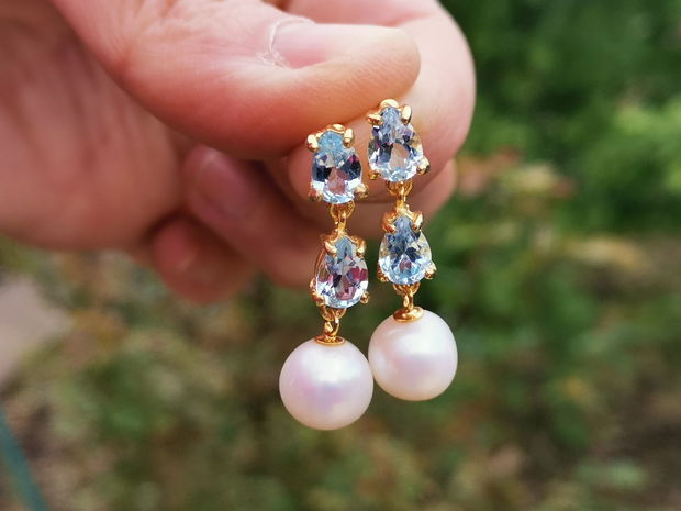 Cercei argint aurit, pietre blue topaz si perle de cultură