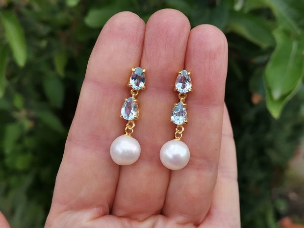 Cercei argint aurit, pietre blue topaz si perle de cultură