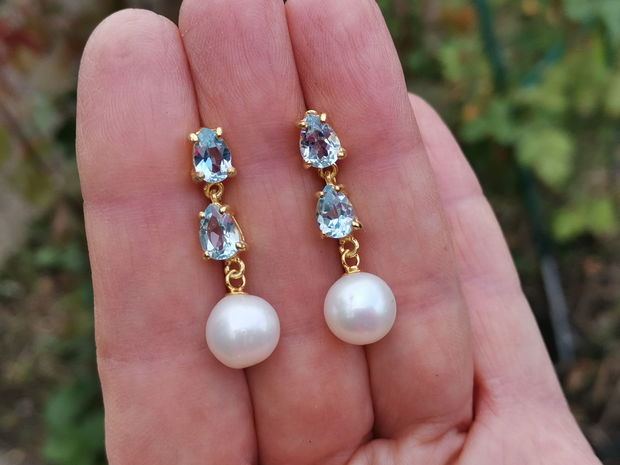 Cercei argint aurit, pietre blue topaz si perle de cultură
