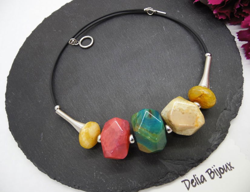 Colier statement handmade unicat agate multicolore (cod1244)