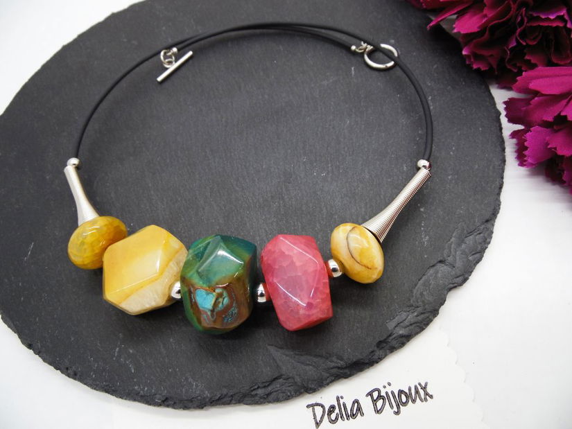 Colier statement handmade unicat agate multicolore (cod1244)