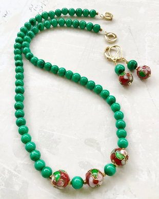 Colier CHOKER Malachit natural & Cloisonne