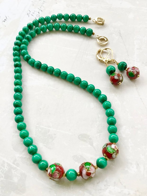 Colier CHOKER Malachit natural & Cloisonne