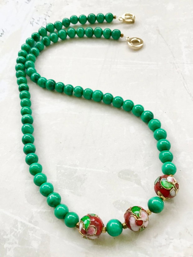 Colier CHOKER Malachit natural & Cloisonne
