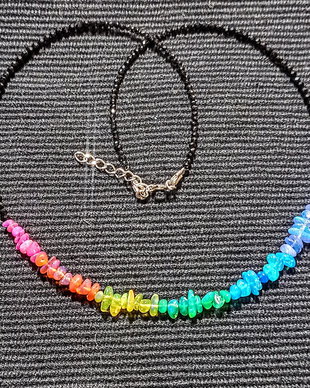 Colier argint opal de foc etiopian curcubeu rainbow multicolor spinel negru minimalist boho chic trendy - Transport gratuit