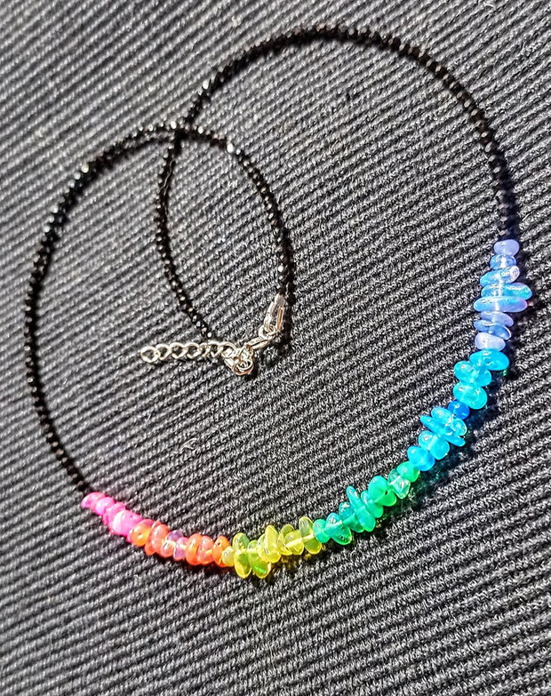 Colier argint opal de foc etiopian curcubeu rainbow multicolor spinel negru minimalist boho chic trendy - Transport gratuit