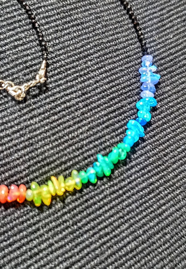 Colier argint opal de foc etiopian curcubeu rainbow multicolor spinel negru minimalist boho chic trendy - Transport gratuit