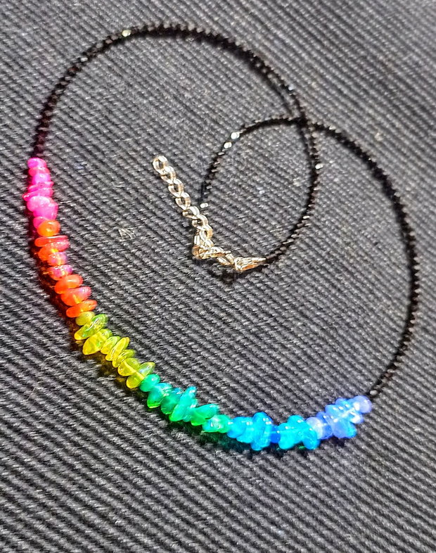 Colier argint opal de foc etiopian curcubeu rainbow multicolor spinel negru minimalist boho chic trendy - Transport gratuit