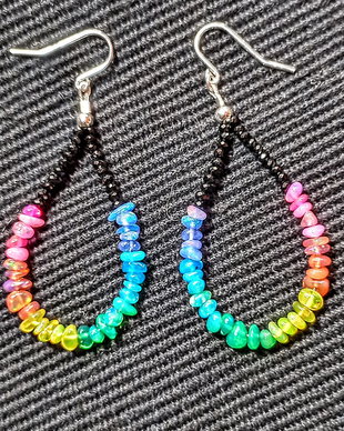 Cercei argint opal de foc chips curcubeu rainbow chips lustruit lucios spinel negru minimalisti creole boho chic multicolori trendy - Transport gratuit