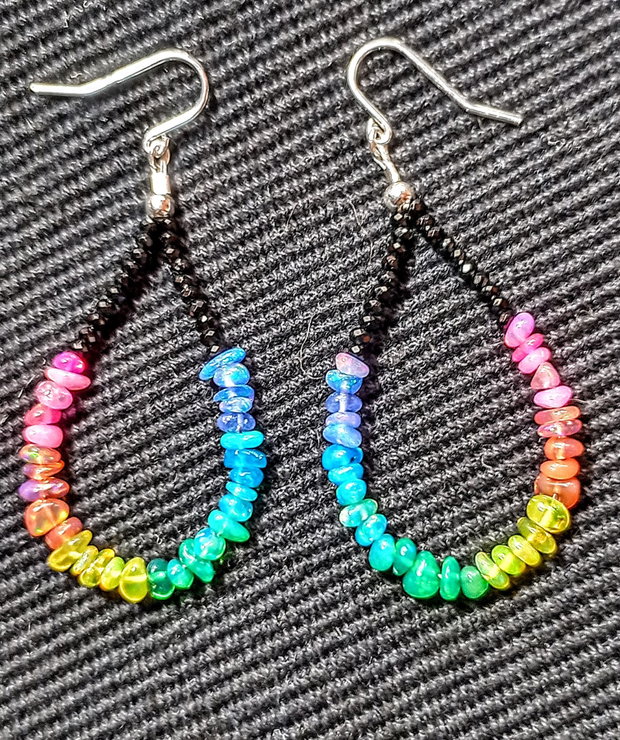 Cercei argint opal de foc chips curcubeu rainbow chips lustruit lucios spinel negru minimalisti creole boho chic multicolori trendy - Transport gratuit