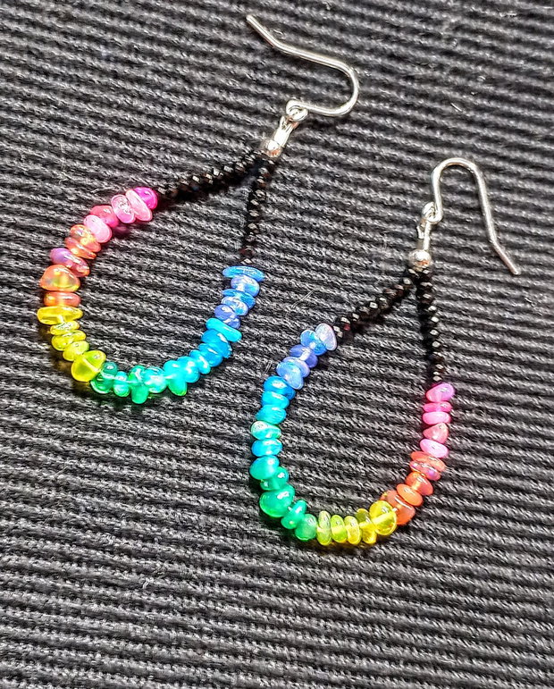 Cercei argint opal de foc chips curcubeu rainbow chips lustruit lucios spinel negru minimalisti creole boho chic multicolori trendy - Transport gratuit