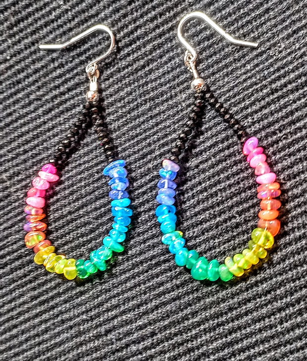 Cercei argint opal de foc chips curcubeu rainbow chips lustruit lucios spinel negru minimalisti creole boho chic multicolori trendy - Transport gratuit
