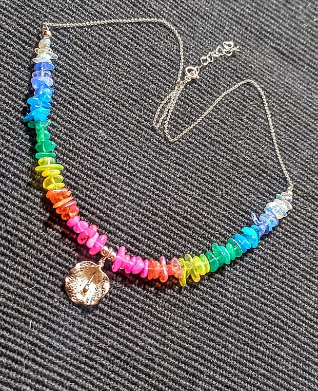 Colier argint opal de foc etiopian curcubeu multicolor rainbow charm floare lant argint minimalist boho chic trendy - Transport gratuit