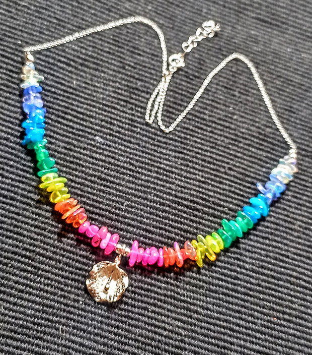 Colier argint opal de foc etiopian curcubeu multicolor rainbow charm floare lant argint minimalist boho chic trendy - Transport gratuit